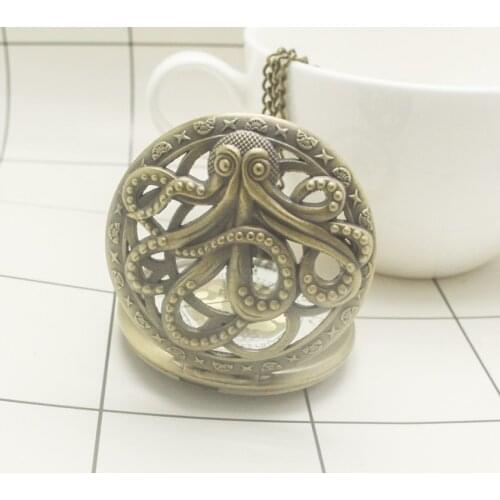 Unique Hollow Octopus Cover Quartz Pocket Watch Necklace Bronze/Grey Color Fob Watches for Men Women 2020 New Clock Gift for Kid