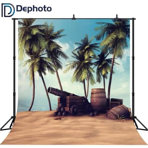 DePhoto Photography Backdrop Coconut Trees Beach Cannon Wooden Barrel New Vintage Background Photo Studio Camera Fotografica