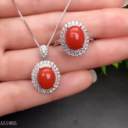 KJJEAXCMY boutique jewelry 925 sterling silver inlaid natural red coral gemstone female luxury ring necklace pendant set support