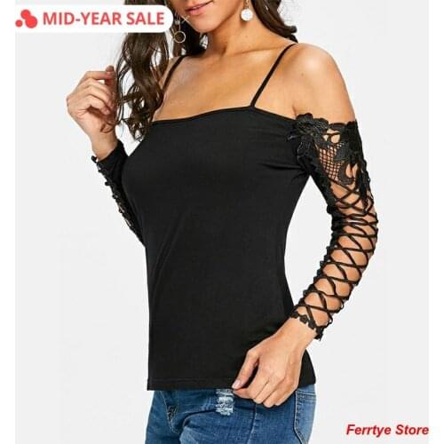 Summer O-neck Plus Size S-5XL T-shirt Strap Off Shoulder Sexy T-shirts Umeko 2020 Lace Stitching Female Casual Slim Top