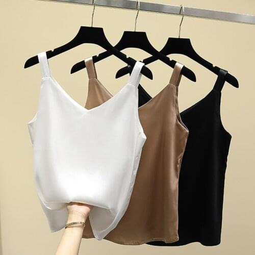 LJSXLS Satin Silk White Spaghetti Strap Women Halter Top V Neck Cami Sleeveless Tank Tops Woman 2021 Summer Plus Size Camisole