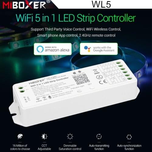 Miboxer WL5 2.4G 15A 5 IN 1 WiFi LED Controller For Single color CCT RGB RGBW RGB+CCT Led Strip Support Alexa Voice