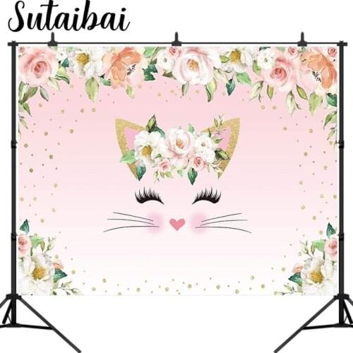 Cute Pink Cat Photography Backdrop Kitten Meow Pet Paw-ty Baby Shower Girl 1st Birthday Party Decoration Banner Supplies