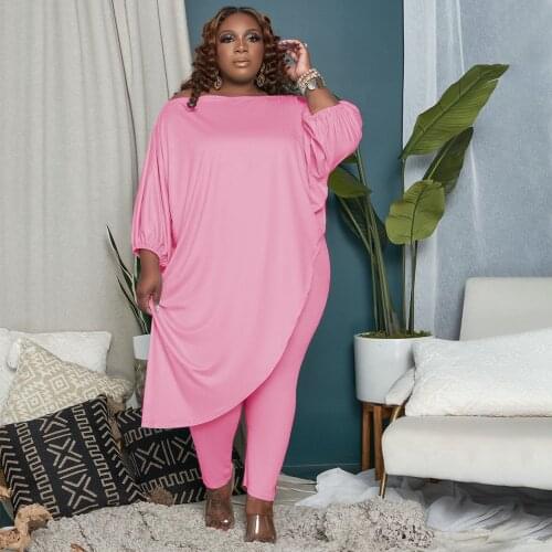 5xl Plus Size Women Clothing Two Piece Set Sexy Inclined Shoulder Irregular Long Tops Elegant Pants Suits Wholesale Dropshipping