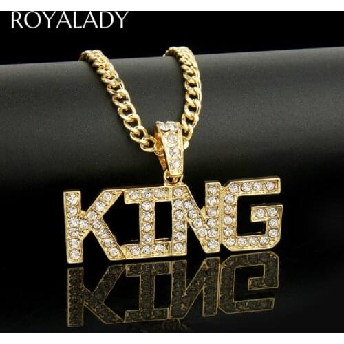 Men HipHop KING Letter Zircon Pendant Necklace Bling Iced Out Cuban Link Gold Chain Crystal Rhinestone Male Fashion Jewelry Gift