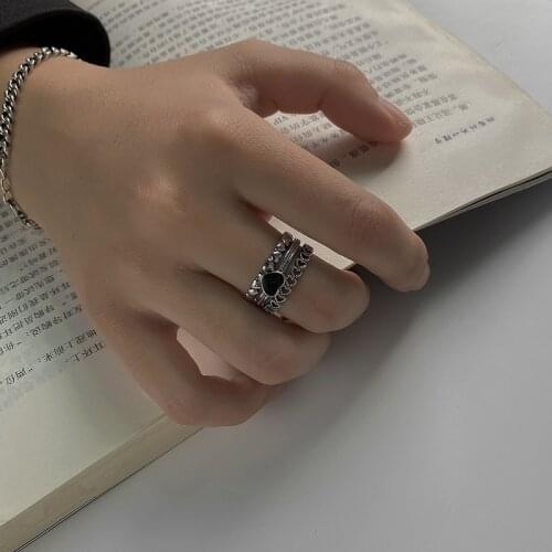 QiLuxy Hiphop Rock Metal Heart Rings Set Opening Antique Silver Color Finger Accessories Buckle Joint Ring for Women Jewelry
