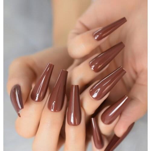 24PCS Set Extra Long Nail Art Fake Nails Dark Red Solid Color Nails Coffin Full Cover Artificial Designs Glossy