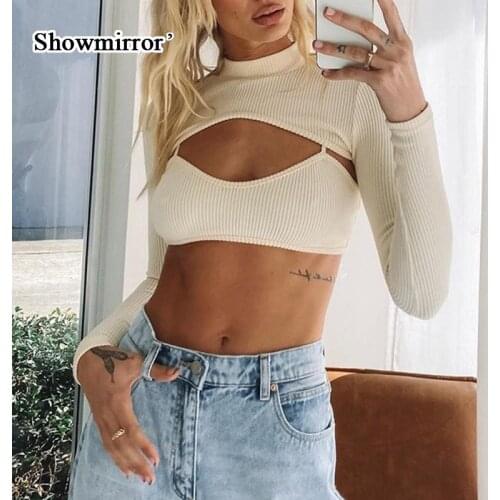 Showmirror Autumn Knit Solid Two-piece Crop Top Women Short Camisole + Mock Neck Long Sleeve Pullover Fashion Streetwear