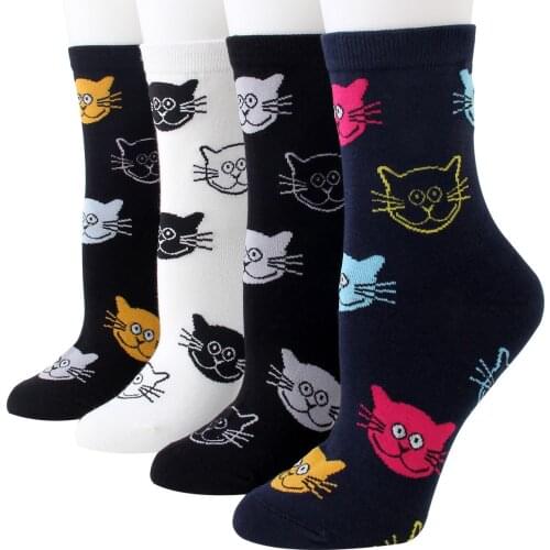PEONFLY 4pairs/lot Combed Cotton Socks Women Breathable Cute Kawaii Cat Printing Pattern Funny Sock Casual Autumn Soft Sokken