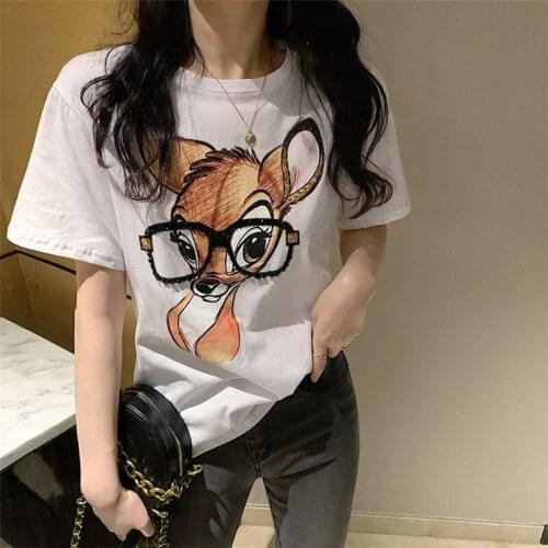 QRWR Womens T Shirt 2021 Summer Korean Fashion Casual O Neck T Shirts Top Cartoon Bear Print Loose Short Sleeves Summer Clothes