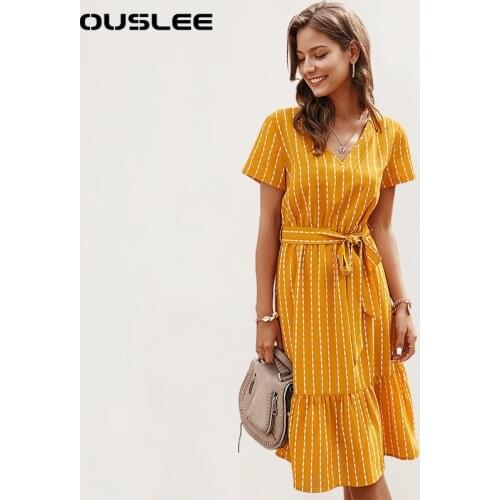 OUSLEE Chic Striped Dress Women Short Sleeve Elegant V Neck Midi Dresses With Sash Office Lady Summer Dress Female Vestido Mujer