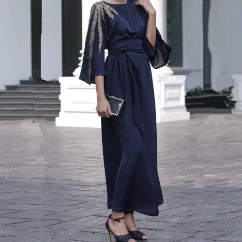 Ramadan Eid 2021 Women Dresses Maxi Satin Long Flare Sleeves Applique Abaya Muslim Dubai Turkey France Elegant Hijab Gown Caftan