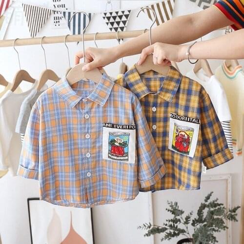 Children Versatile Childrenswear New Style BOYS Fold-down Collar Plaid Shirt Long Sleeve Single-Piece Small CHILDRENS Shirt T