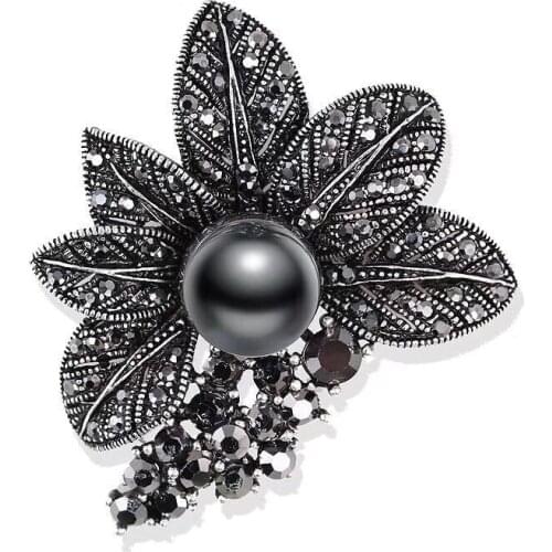 Elegant Wedding Jewelry Dress Hijab Jewelry Gifts Vintage Black Pearl Crystal Rhinestone Flower Brooch Rosette Pins For Women