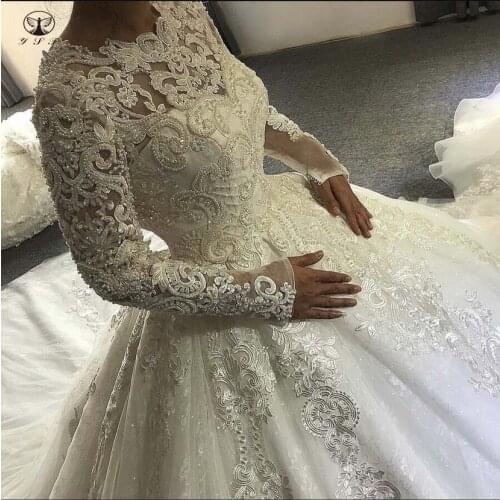 2022 Vintage Robe De Novias Illusion O Neck Beaded Pearls Long Sleeve Ball Gown Puffy Wedding Dresses