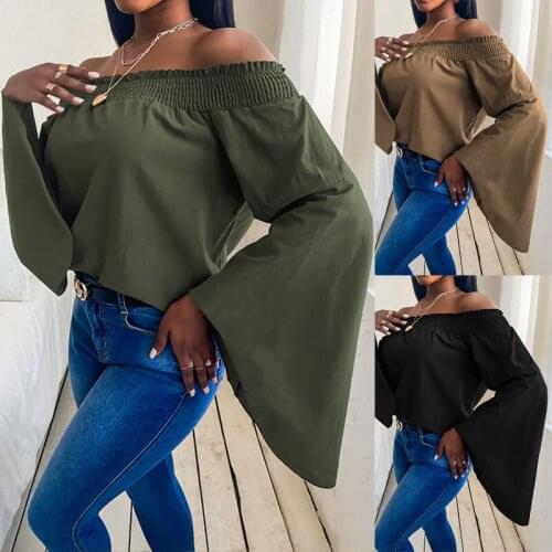 2021 Spring Fashion T-shirt Slash Neck Folds Lantern Sleeve Elegant Pullover Loose Sleeve Casual Solid Color Tops Lady Sexy Tees