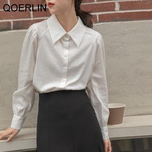 QOERLIN 2021 Long Sleeve Shirt Women White Turn Down Collar Basic Casual Teen Gril Oversize Shirt Women Loose Blouse Plus Size