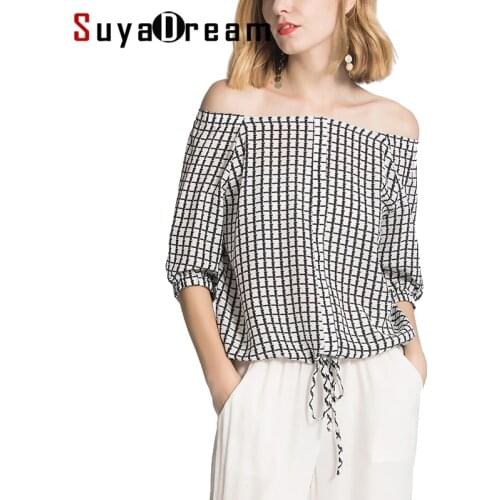Women Silk T Shirt 100%Silk Crepe Plaid Printed T shirt Half Sleeved Slash Neck Silk Top 2019 New Summer Print Shirt