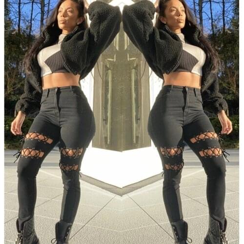 Womens jeans personality small feet trousers high street ripped lace high stretch jeans women