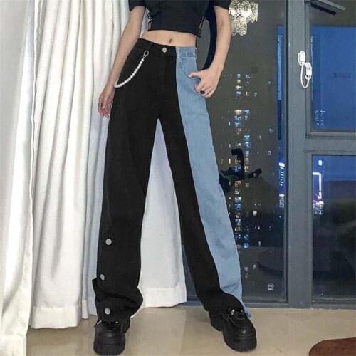 Harajuku Casual Patchwork Denim Jeans Women Hip Hop High Waist Wide Leg Slit Baggy Jeans Cyber y2k Pants Pantalones De Mujer