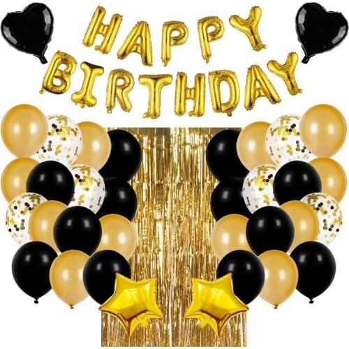 16 inch black gold happy letter set black balloon Sequin rain curtain party supplies set
