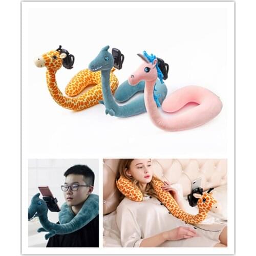 2 In 1 Neck Pillow U Shaped Animal Phone Holder Soft Rebound Nap Travel Flexible Cartoon Neck Pillow Lazy Phone Holder