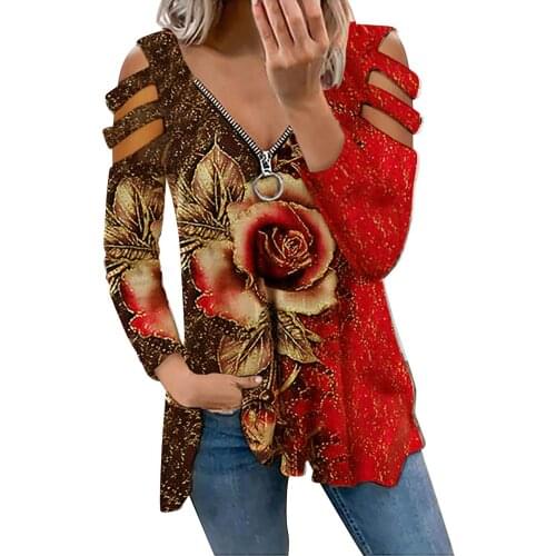 Plus Size Blouse Womens Tops And Blouses Womens Fashion V-neck Zipper Long-sleeved Loose Printed Tops Blusas Mujer De Moda 2021