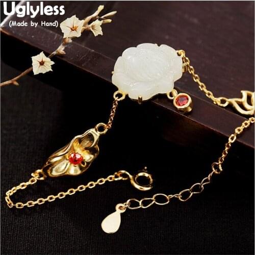 Uglyless 100% Real 925 Sterling Silver Lotus Leaf Bracelets for Women Nature Jade Bracelet Hollow Lotus Fine Jewelry Gold Plated