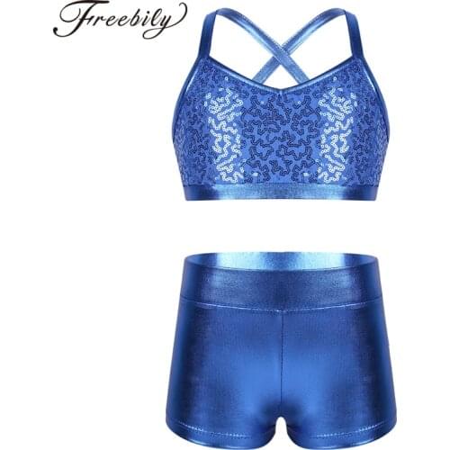 Kids Teens Shiny Sequin Gymnastics Shorts Crop Top Ballet Leotard Dance Set Girls Sports Tankini Stage Dance Costume Set