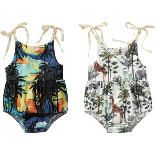 FOCUSNORM 0-24M Infant Baby Boys Girls Jumpsuits Coconut Tree/Animal Print Sleeveless Belt Summer Rompers 2 Style
