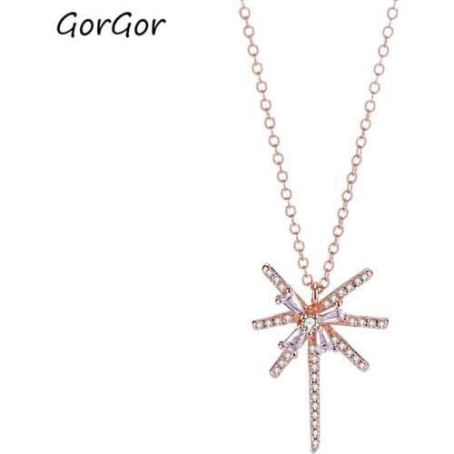 GorGor Necklace Women 925 Sterling Pattern Flowers Rose-golden Mosaic Zirconia Creativity Exquisite Anniversary Jewelry A1644