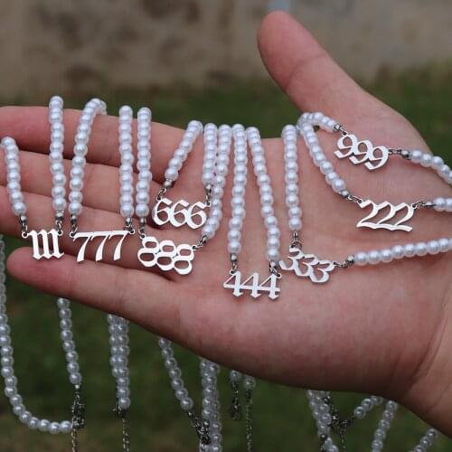 Gothic Number 111 222 333 444 555 666 777 888 999 Angel Number Pearl Necklace Stainless Steel Choker Devil Necklaces For Women