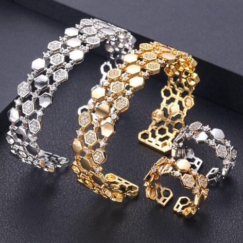 Luxury Unique African Bangle Ring Set Jewelry Sets For Women Wedding Cubic Zircon Crystal CZ Dubai Bridal Jewelry Set