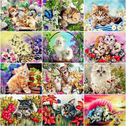 EverShine 5D Diamond Embroidery Cat Animal Full Square Diamond Painting Flowers Lilac Picture Rhinestone Mosaic Handmade Hobby