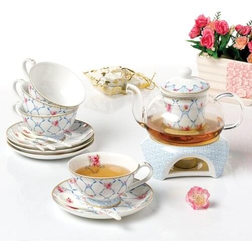 Chinese Tea Set Porcelain Heatable Glass Teapot 4 Pcs Tea Cup Top Grade Bone China Heat-resistant transparent teapot with Saucer