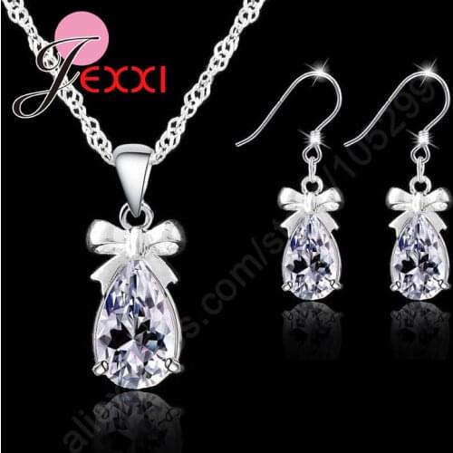 Top Quality Drop Bow Tie Jewelry Set 925 Sterling Silver Pendant Necklace Earrings Shiny Cubic Zirconia Gift For Female
