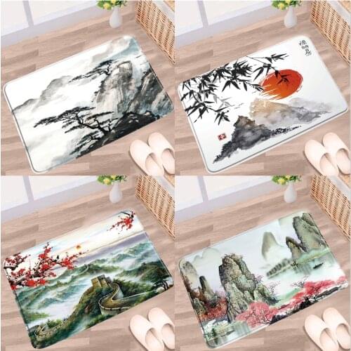 Chinese Style Bathroom Mat Mountain Ink Painting Pine Tree Red Plum Bamboo Anti-Slip Flannel Floor Decor Kitchen Doormat Carpets