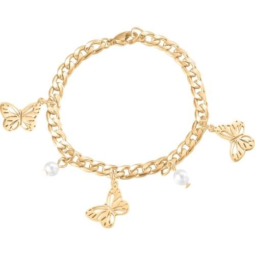Cuban Chain Chunky Bracelets Pearl Pendant Stainless Steel butterfly Jewelry бижутерия для женщин 2021 Gold Bracelets With Pearl