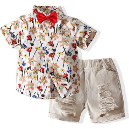 Summer Children clothes Toddlers Boys set full print shirt+solid short +Bow Tiekid Clothing cool Boys Outfits fashion 3pcs 1-6Y