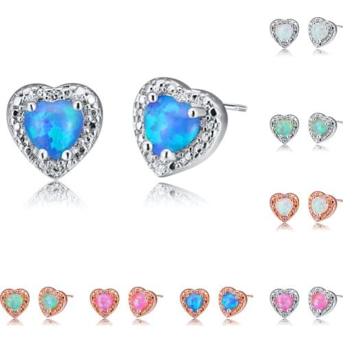 Cute Female Opal Stone Small Earring Rose Gold Silver Color Stud Earrings For Women White Blue Pink Green Heart Wedding Earrings