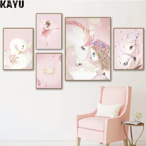 Cartoon Girl Unicorn Swan Horse Flower Crown Wall Art Canvas Painting Nordic Posters And Prints Wall Pictures Kids Room Decor