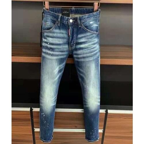 New Tattered Paint Stitching Mens Slim Stretch Jeans Light Blue Embroidered Motorcycle Pants 9715