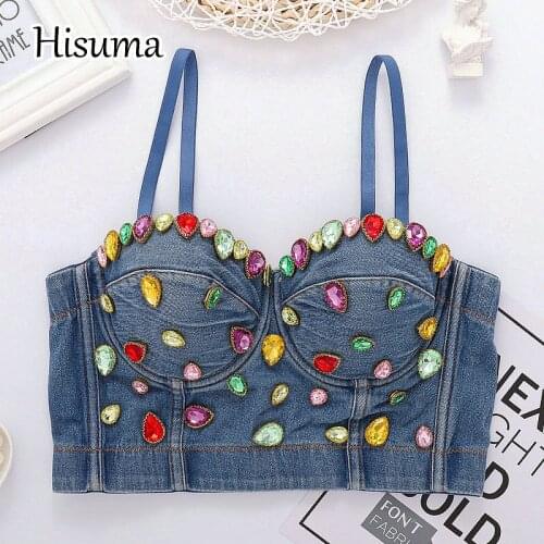 2021 autumn new women V-neck strap rhinestones denim camisole Tube top bra one pcs belt pad wireless Corset female underwear