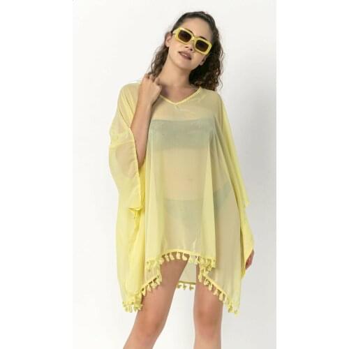 PASHPAL Yellow Skirt Tip Pompom Pareo, trend casual, fashion, sea, swim, swimwear