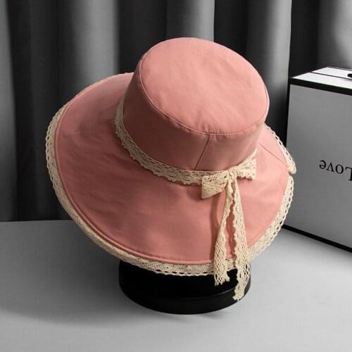 Summer Woman Sunhat Cotton Lace Wide Brim Flat Top Outdoor Street Seaside Sun Protection Fashion All-Match