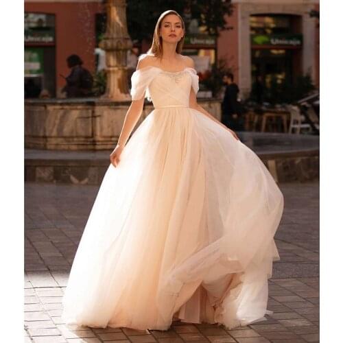Champagne Wedding Dresses Plus Size 2020 Beading Off Shoulder Lace-up Tulle Bridal Gowns Princess Party Dress vestidos de noiva