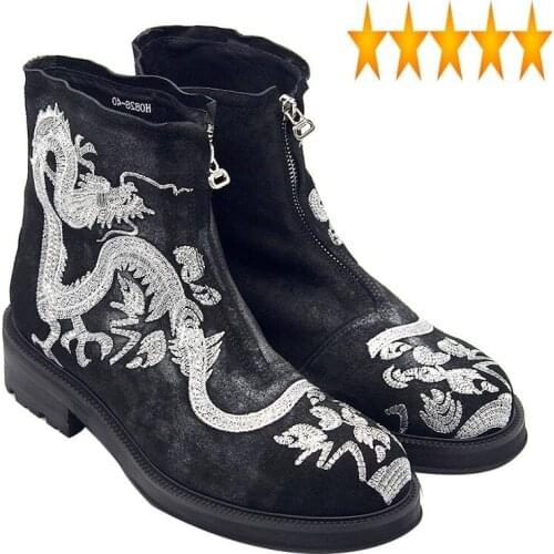 Ankle Embroidered Silver Dragon Vintage Platform Zip Round Toe Cowboy Boots Casual Party Botas Winter Runway Shoes Men