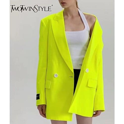 TWOTWINSTYLE Bright Color Suits For Female Lapel Collar Long Sleeve High Waist Slimming Pure Color Patchwork Button Womens Coat