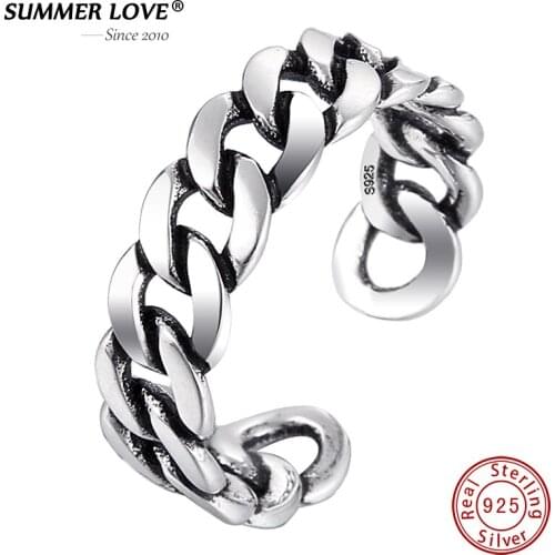Vintage Retro Ring S925 Sterling Silver Simple Chain Fine Jewelry for women men unique open rings New Collect 2018