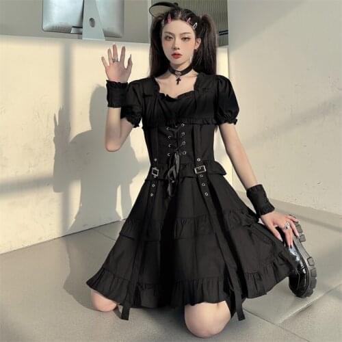 2021 Summer Sweet Sexy Lace Up Slim Square Collar Puff Sleeve Dress Japanese Vintage Harajuku Elegant Dark Black Dresses Female